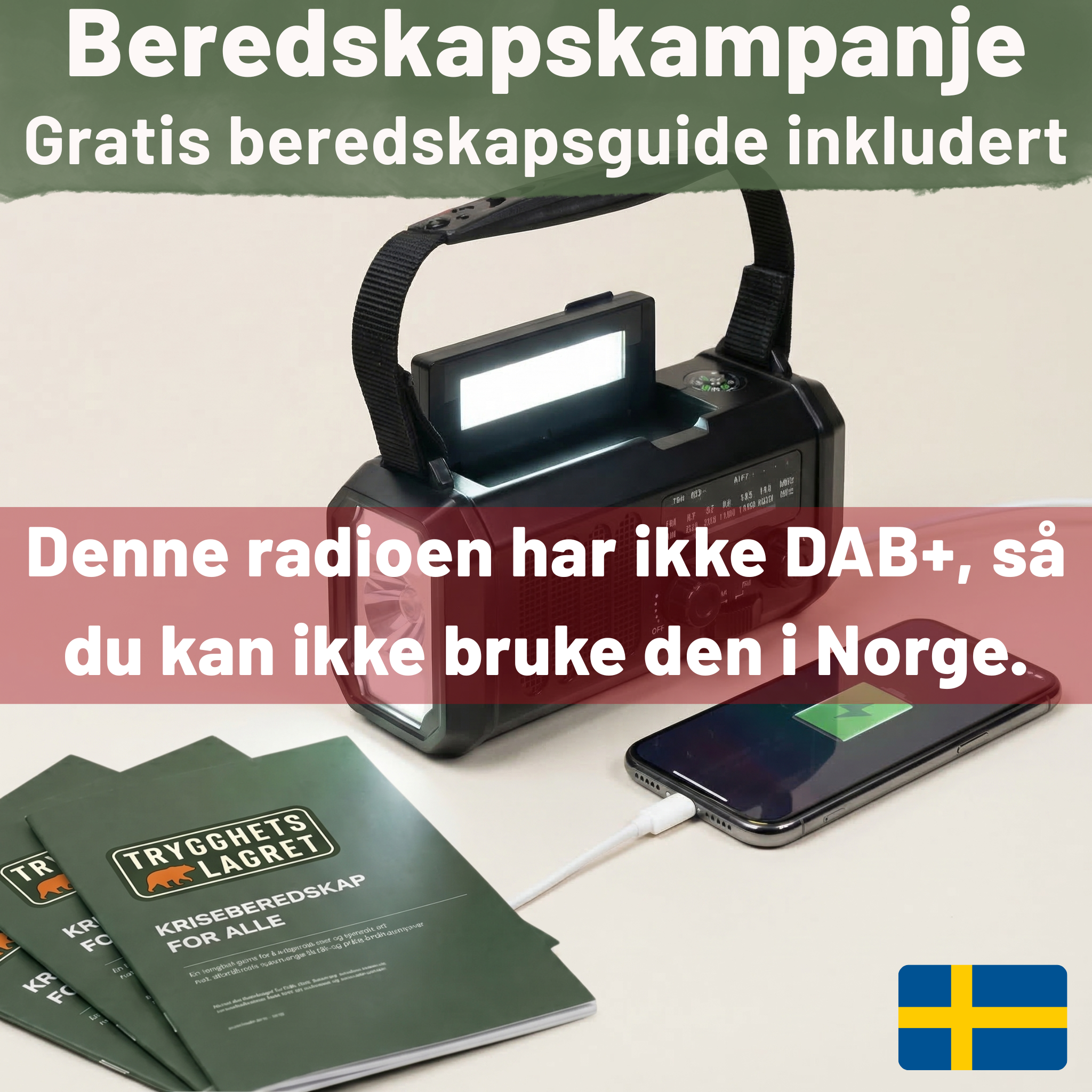Nødradio - 10 000 mAh powerbank, lampe og sveivgenerator