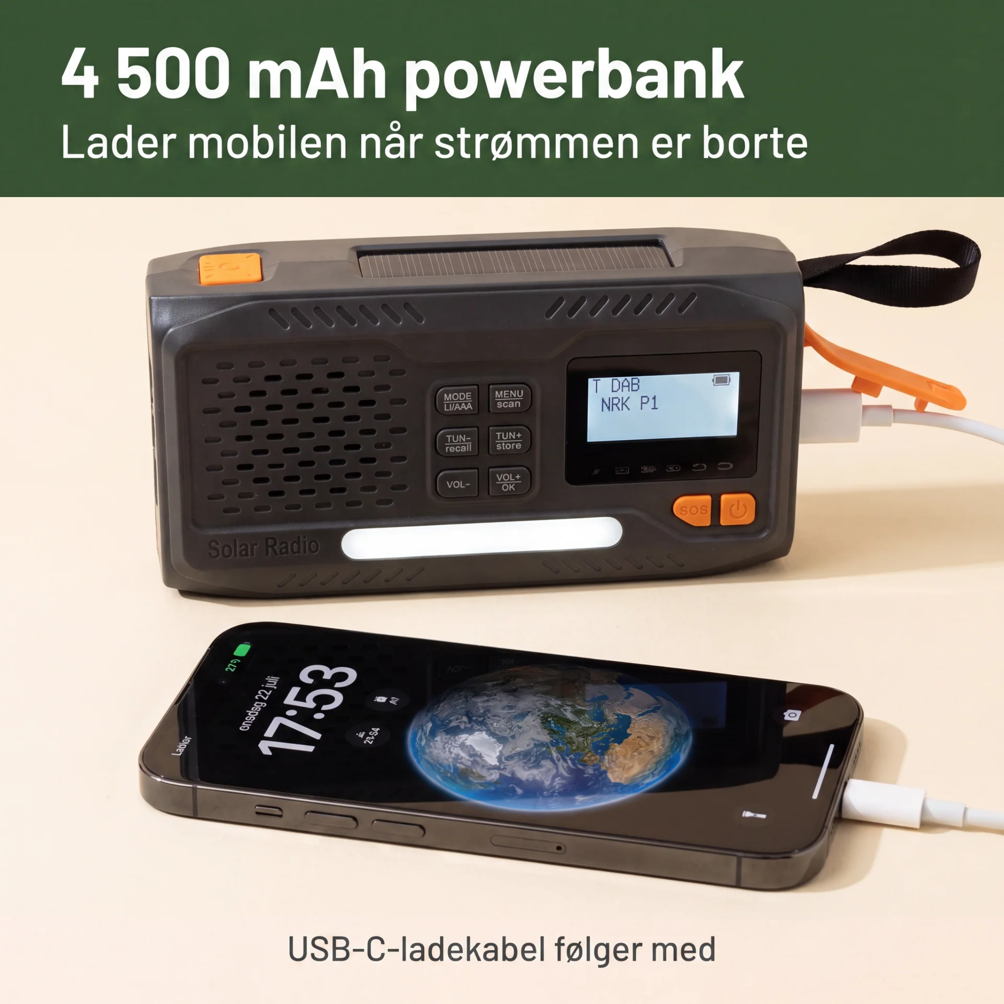 Nødradio – DAB/DAB+ med 4 500 mAh powerbank